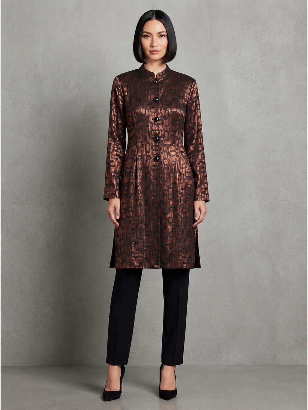 VTG GORDON Made in England Geometric Metallic Bronze Button Front Tunic Large
